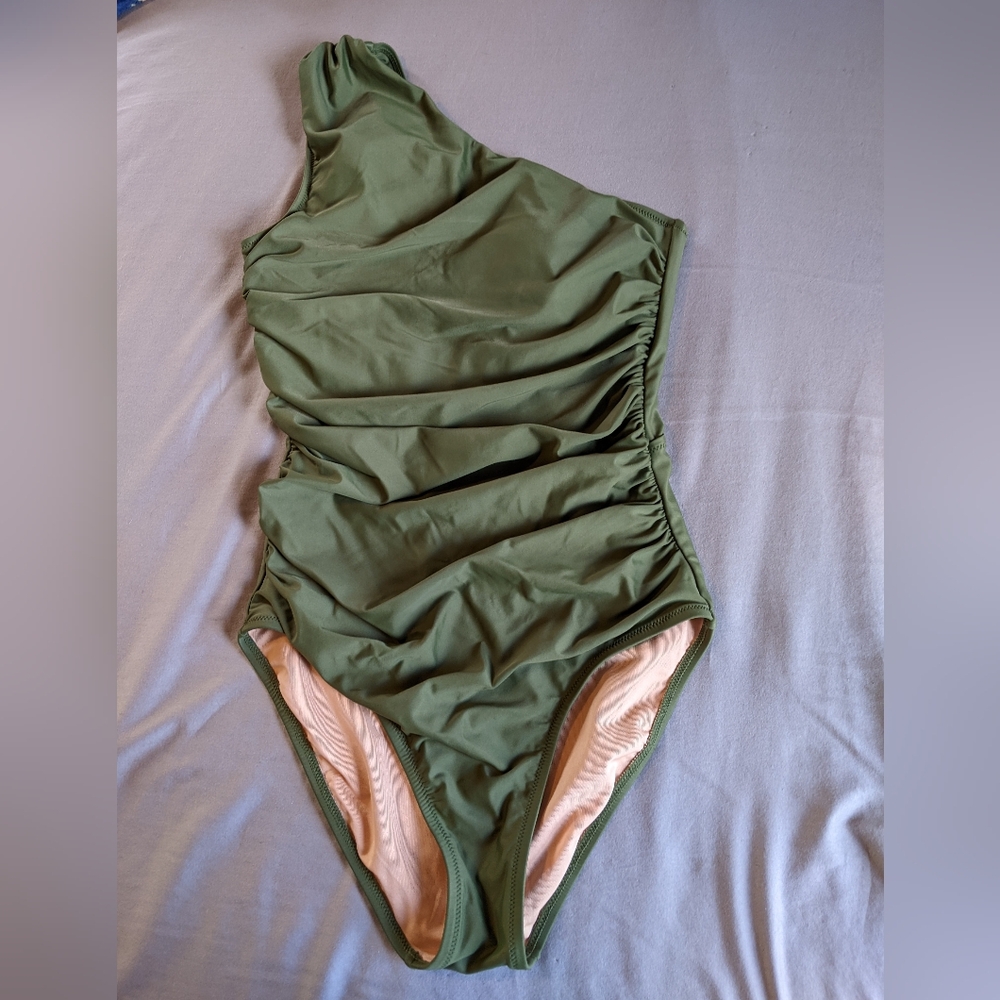 J. Crew One-Shoulder Olive Green Swimsuit 4 Long Like New